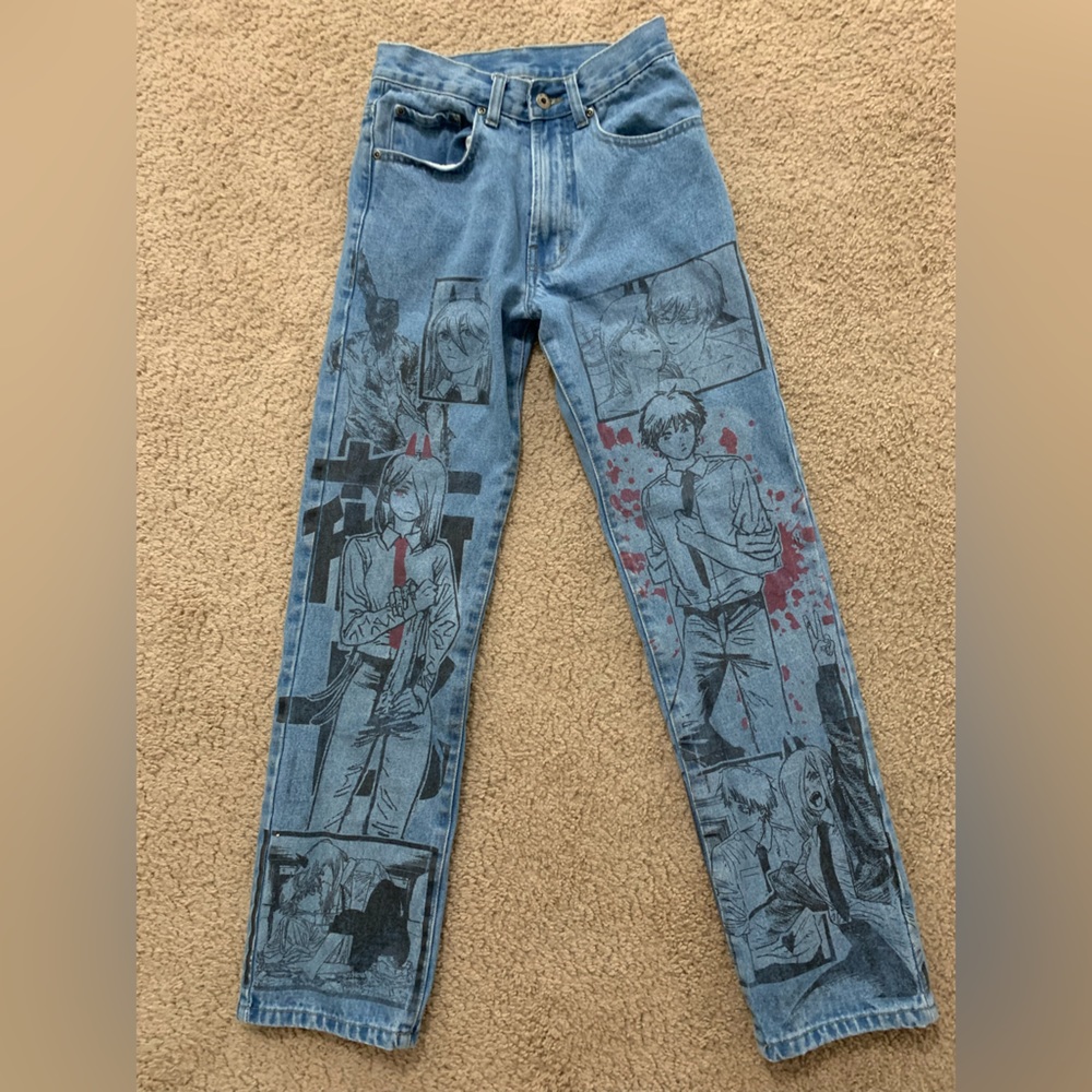fameisoptional graphic denji and power chainsawman high waisted jeans - size 28r